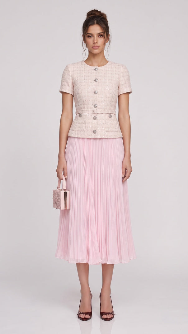 Pale Pink Tweed Fitted Bodice with Peplum and A-Line Skirt Two-Piece Set