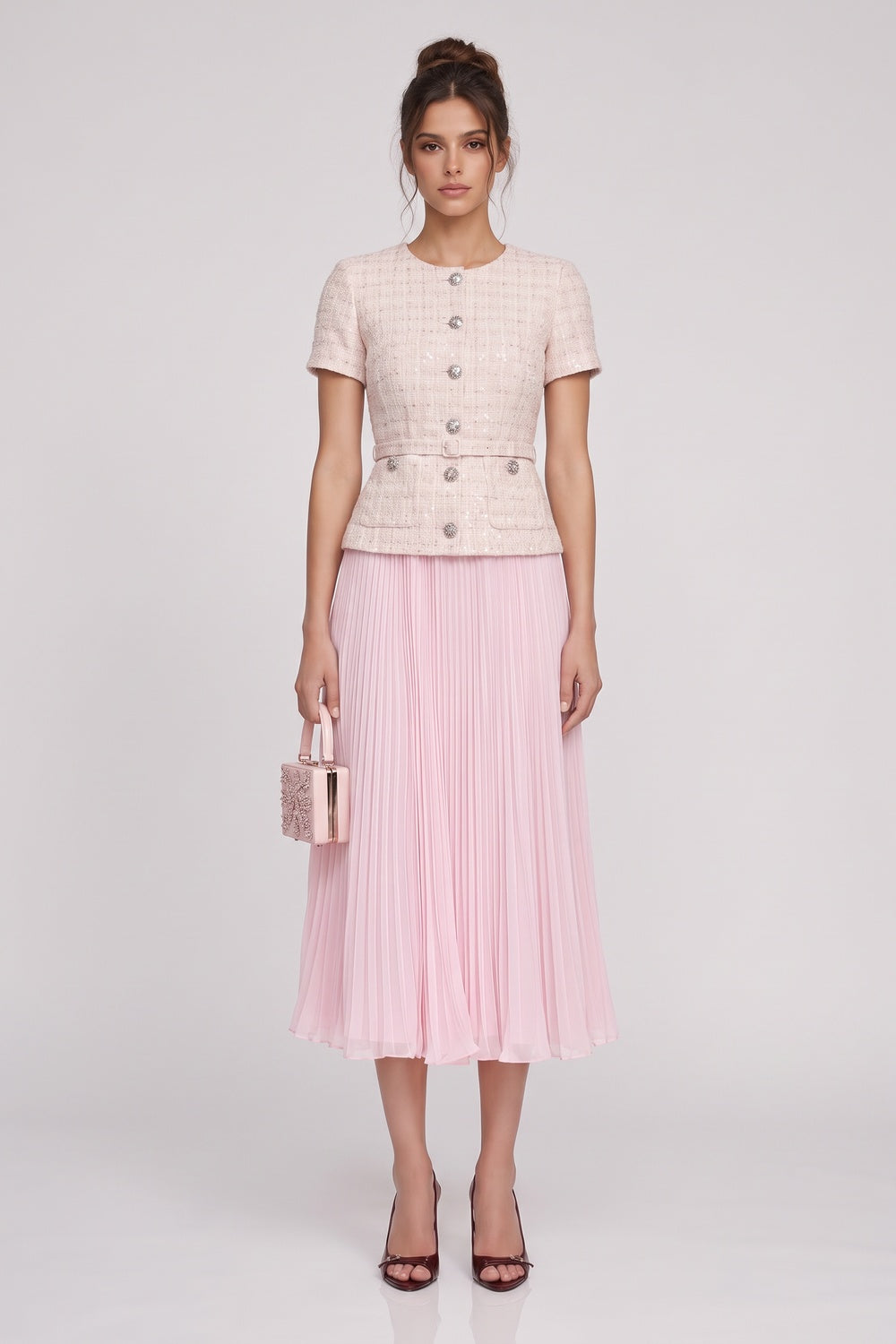 Pale Pink Tweed Fitted Bodice with Peplum and A-Line Skirt Two-Piece Set