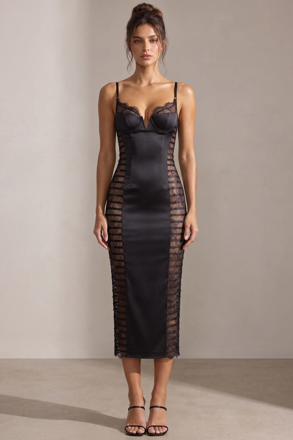 Black Satin Sheath Dress with Lace Side Panels