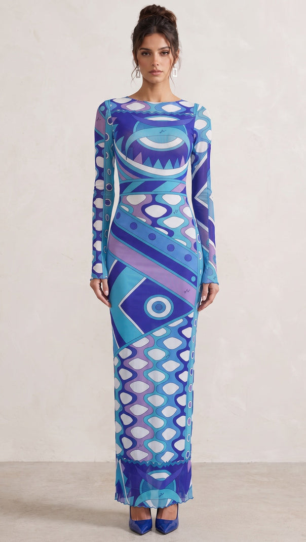 Blue Purple Geometric Abstract Column Maxi Dress in Stretch Mesh