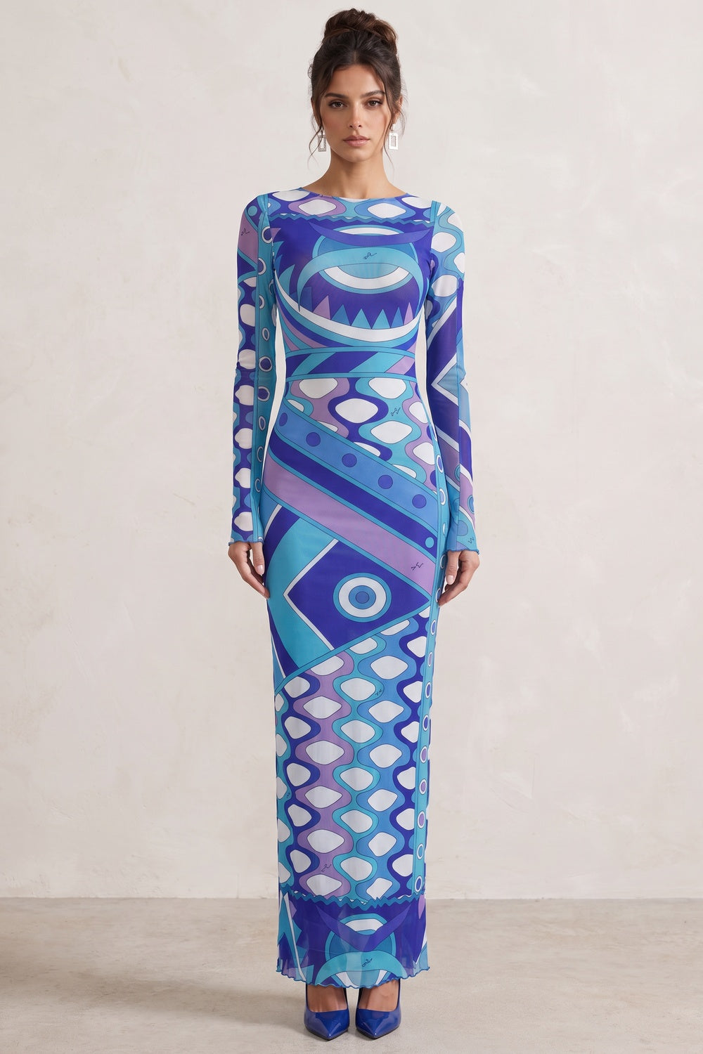 Blue Purple Geometric Abstract Column Maxi Dress in Stretch Mesh