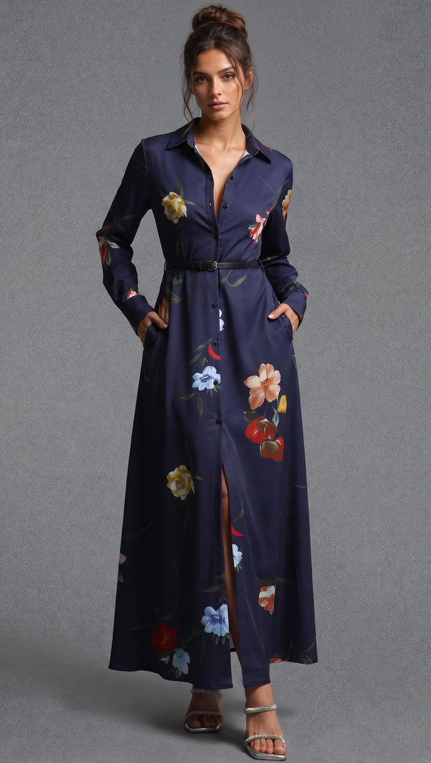 Navy Blue Floral Satin-Weave A-Line Shirt Dress