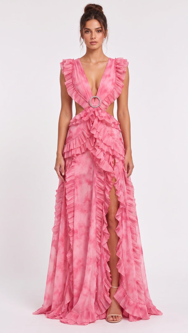 Pink Watercolor Chiffon A-Line Gown with Waist Cut-Outs