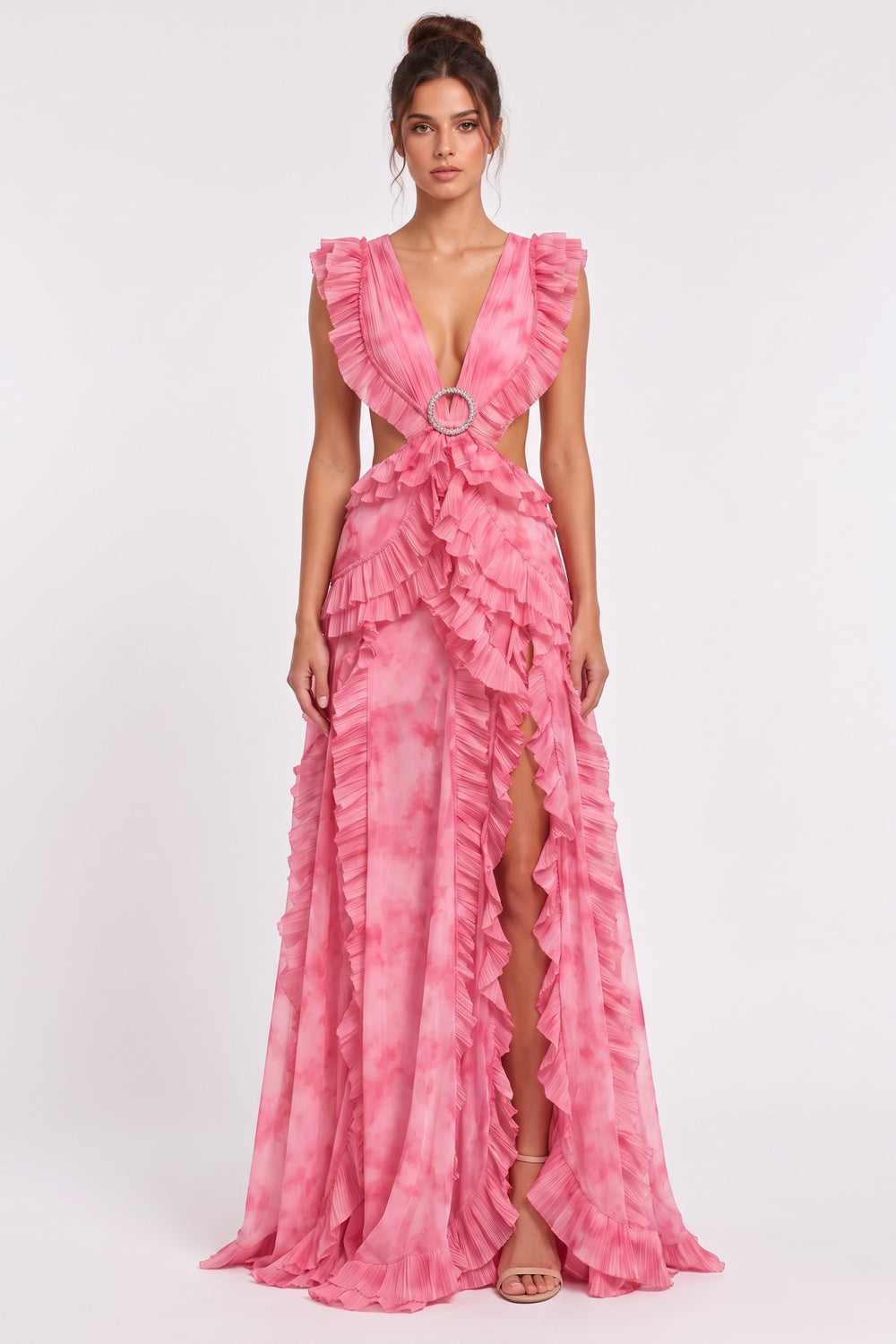 Pink Watercolor Chiffon A-Line Gown with Waist Cut-Outs