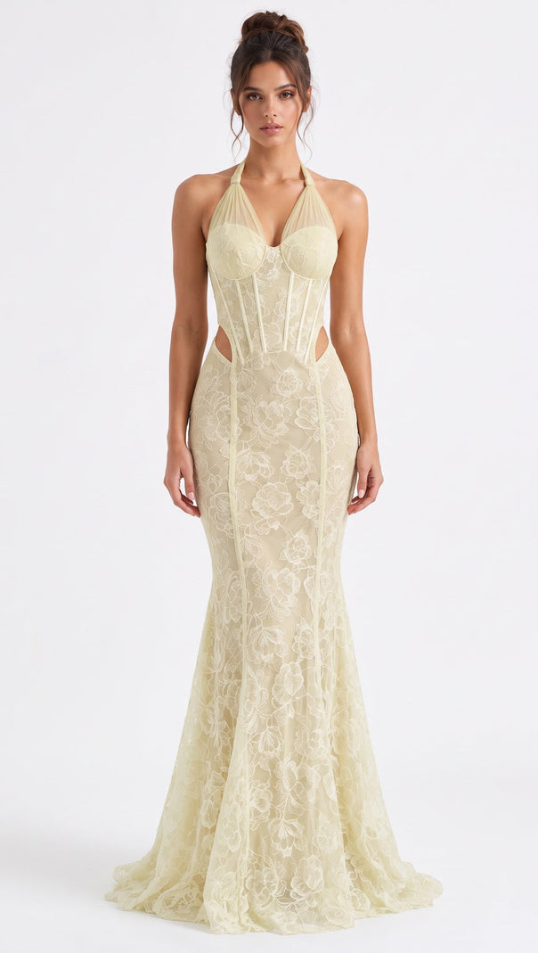 Pale Yellow Floral Lace Mermaid Gown