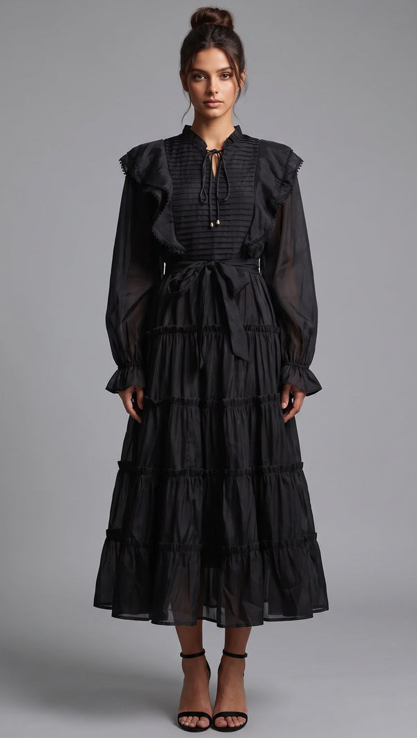 Black Tiered A-Line Midi Dress with Bishop Sleeves