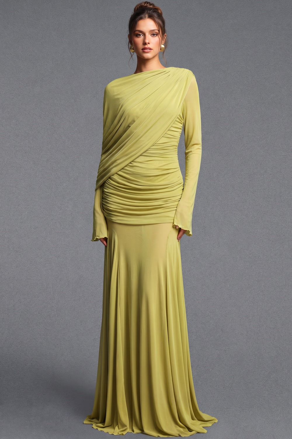 Chartreuse Ruched Mesh Gown