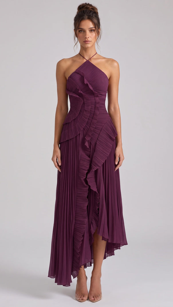 Deep Plum Asymmetrical Pleated Ruffle A-Line Dress