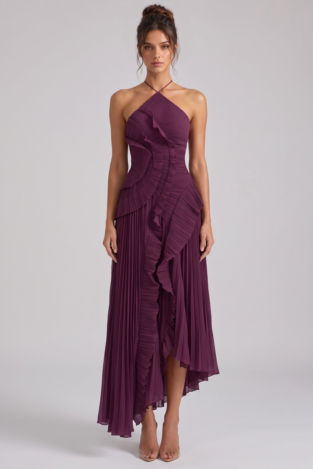 Deep Plum Asymmetrical Pleated Ruffle A-Line Dress