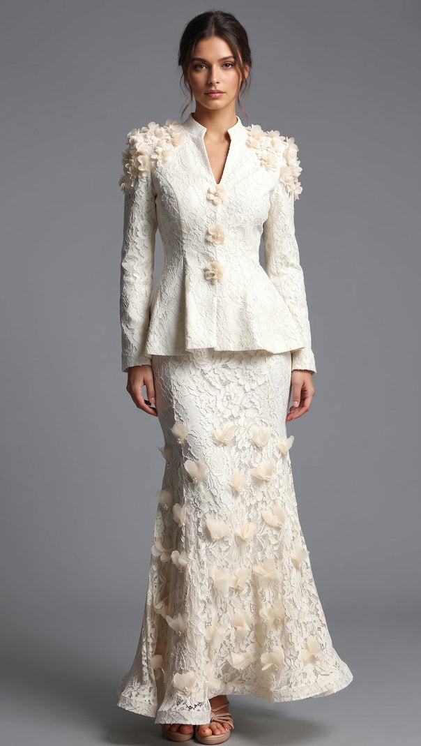 Ivory Corded Floral Lace Two-Piece Skirt Suit