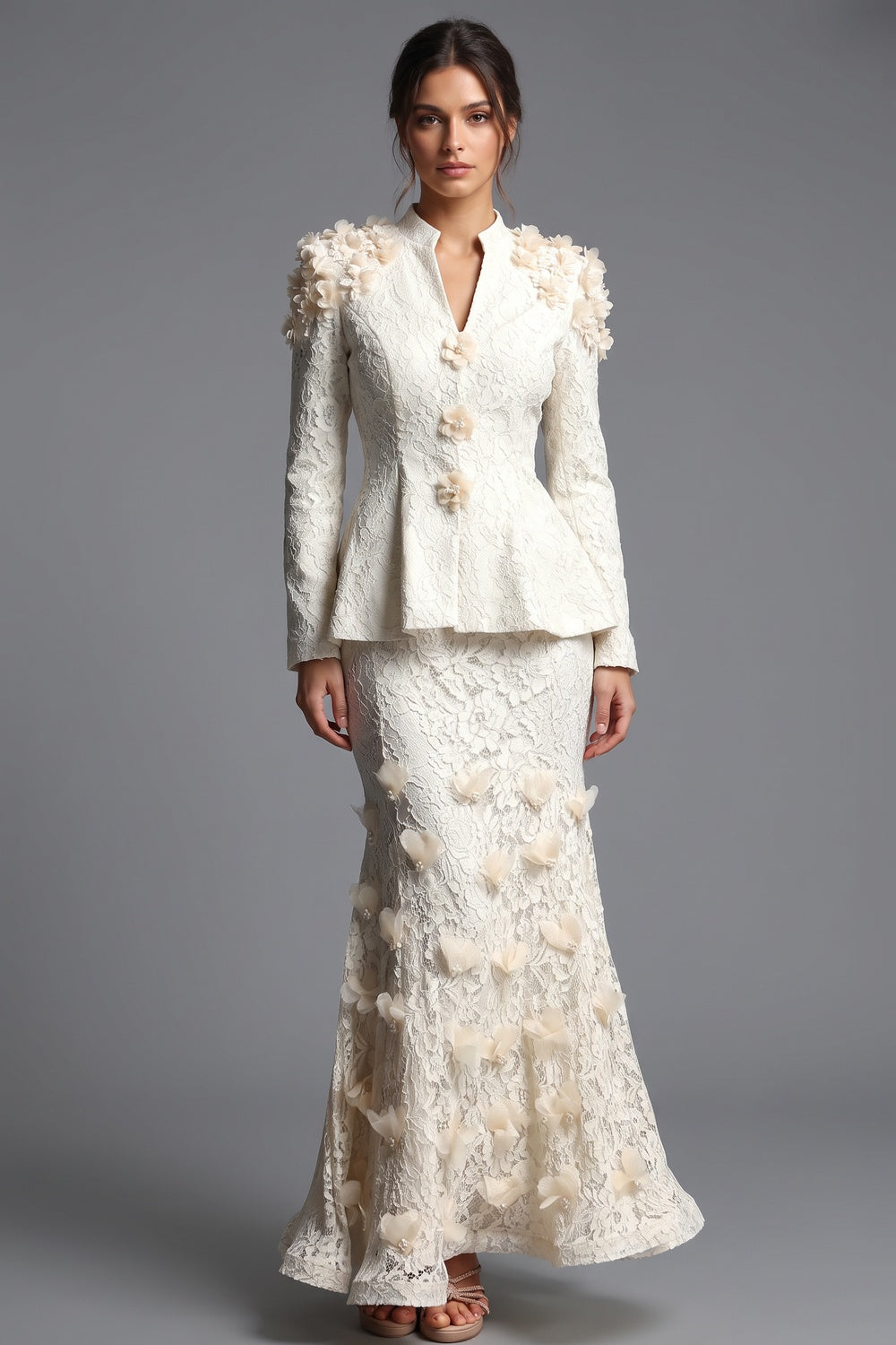 Ivory Corded Floral Lace Two-Piece Skirt Suit