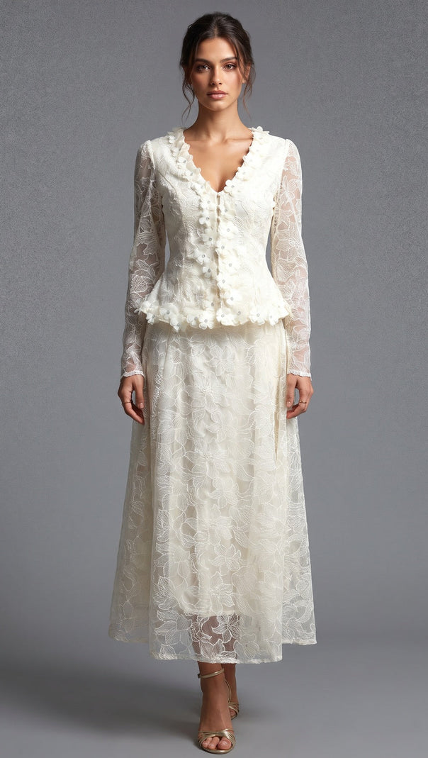Cream Floral Lace Peplum Top & A-Line Midi Skirt Two-Piece Set