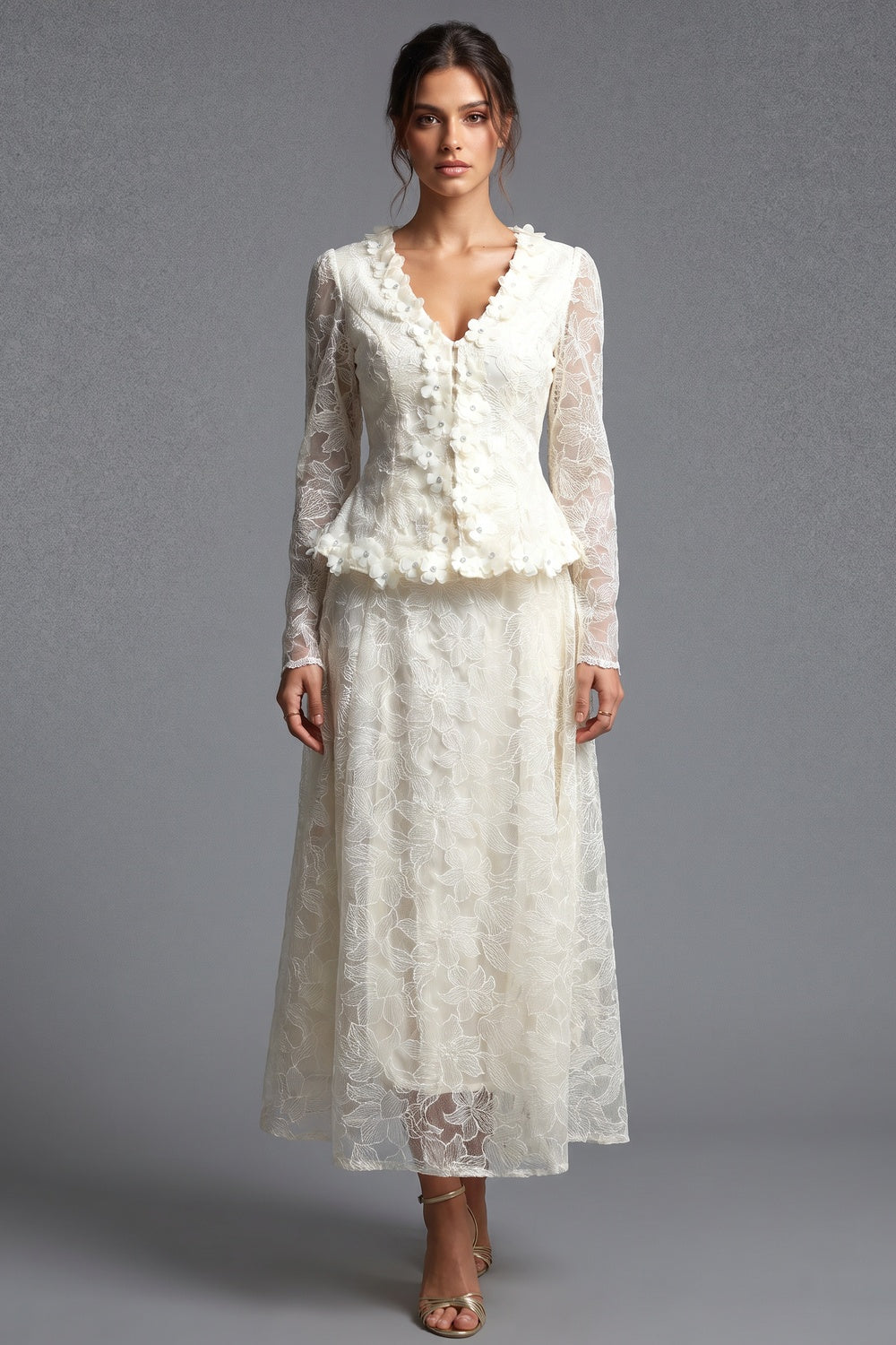 Cream Floral Lace Peplum Top & A-Line Midi Skirt Two-Piece Set