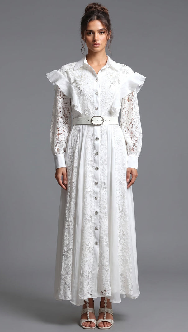 White Floral Lace A-Line Maxi Shirt Dress