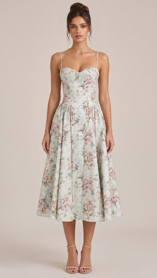 Pale Sage Green Structured Woven Cotton or Jacquard Fit-and-Flare Dress