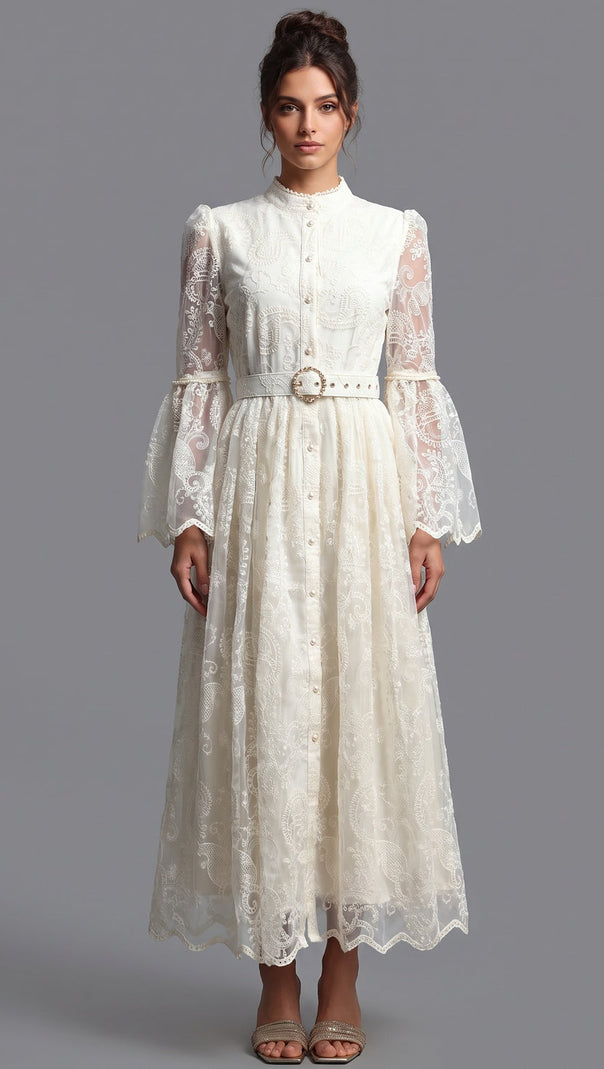 Cream Embroidered Floral Lace A-Line Dress