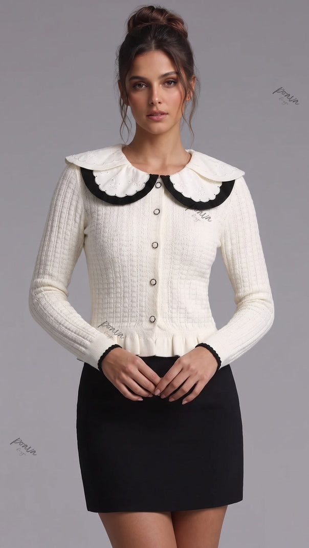 Off-White Textured Knit Fitted Peplum Cardigan