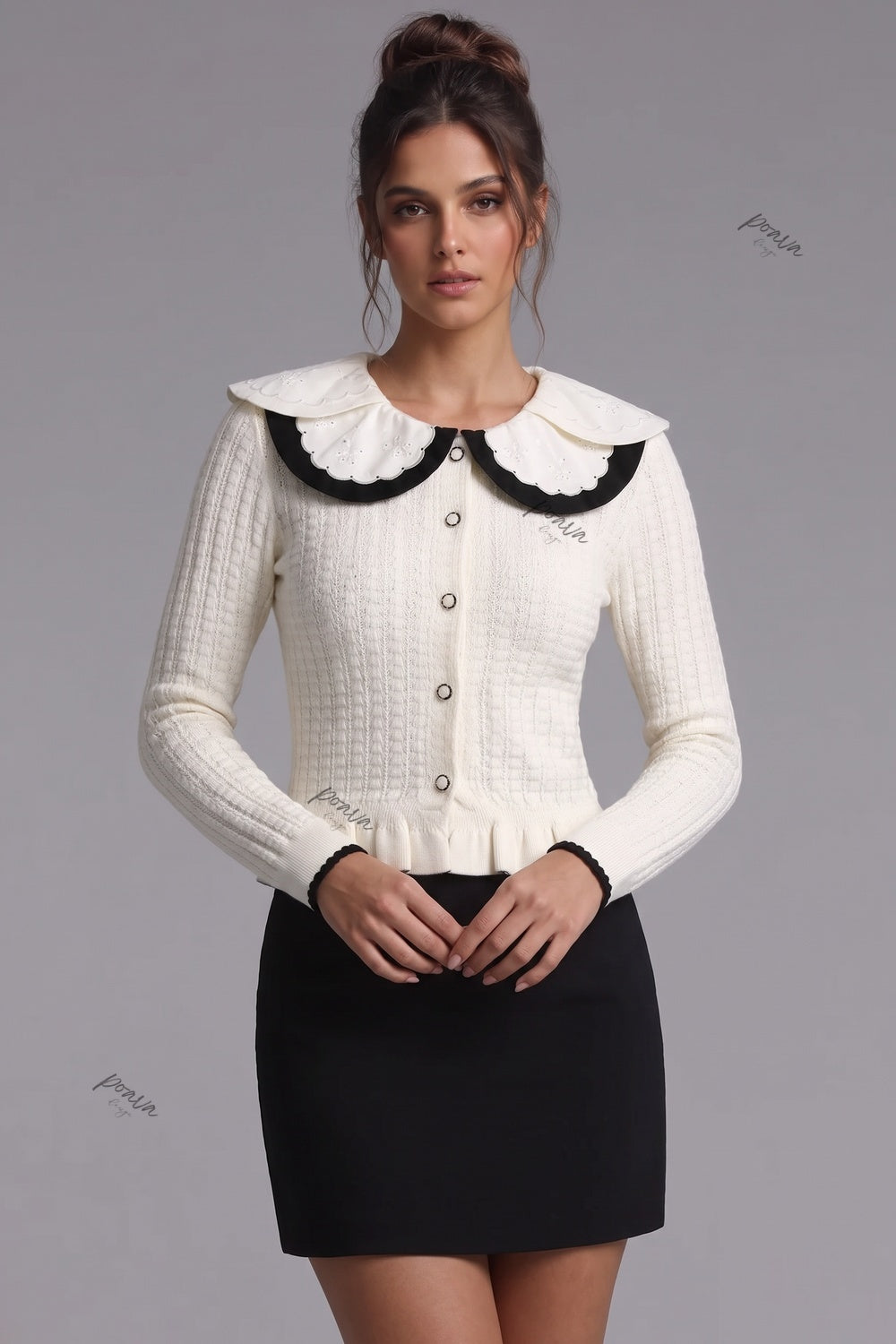 Off-White Textured Knit Fitted Peplum Cardigan