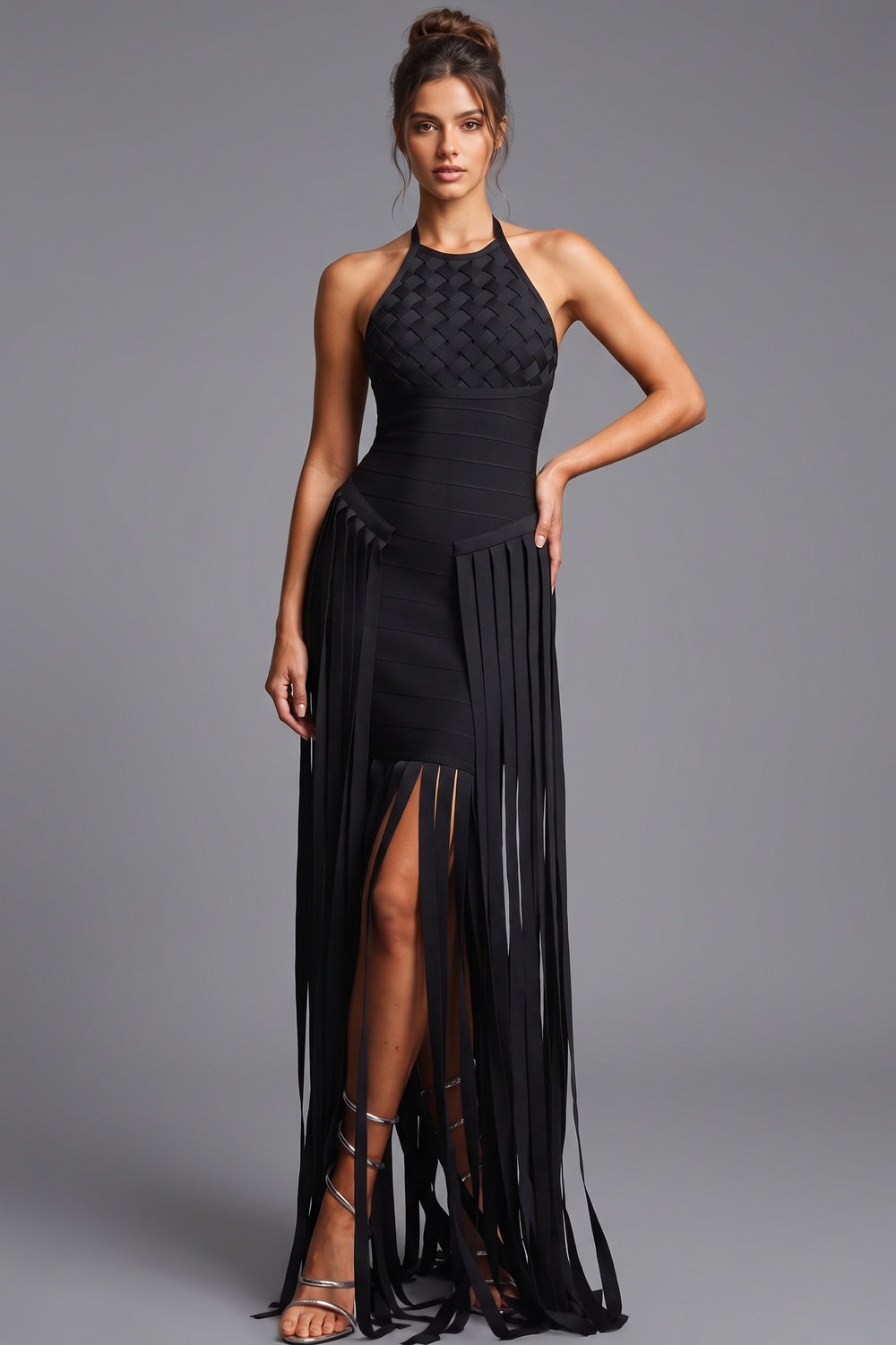 Black Bandage Knit Bodycon Gown with Fringe Overlay