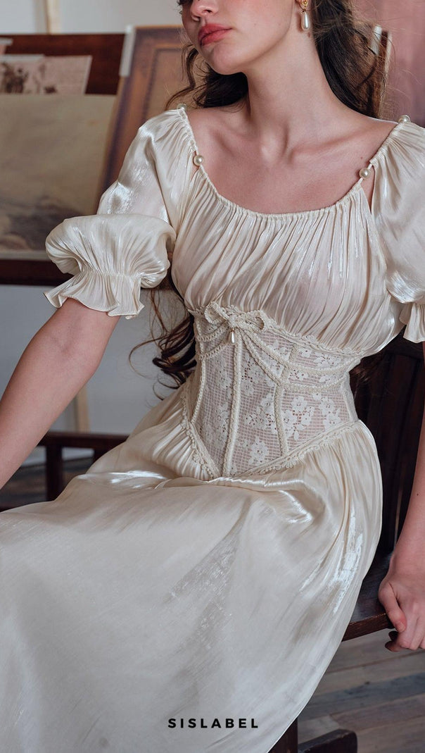 Square neck puff sleeve lace satin maxi dress - white