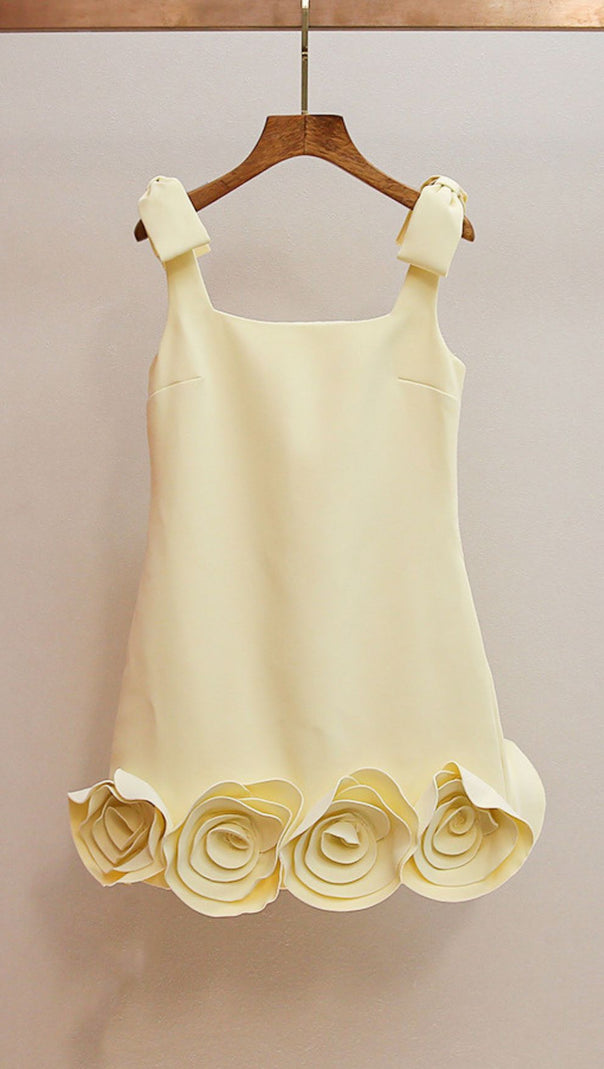 AIIZIE HAVILY CHIC YELLOW 3D ROSETTE MINI DRESS | ELEGANT FLORAL APPLIQUE - product image