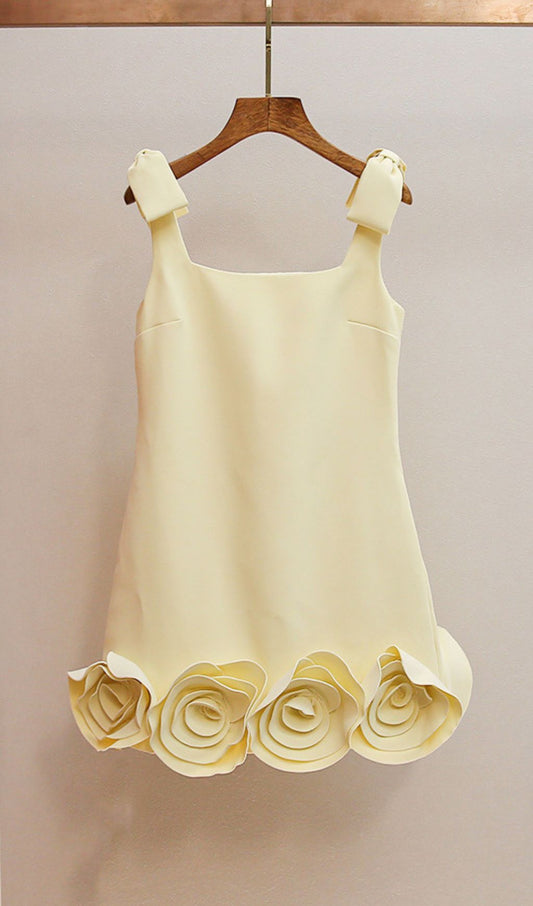 AIIZIE HAVILY CHIC YELLOW 3D ROSETTE MINI DRESS | ELEGANT FLORAL APPLIQUE - product image
