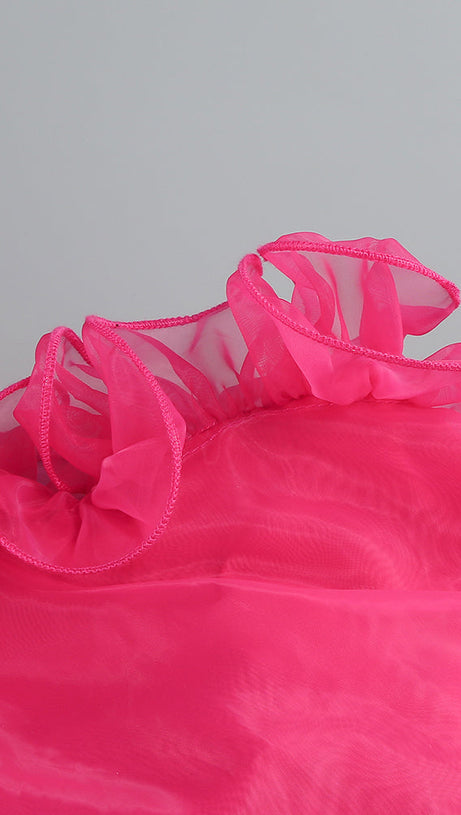 HOT PINK ORGANZA RUFFLED HALTER MINI DRESS