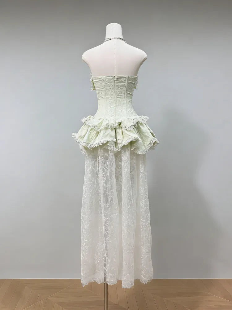 AIIZIE Green Strapless Lace-Paneled Fitted Maxi Dress - product image