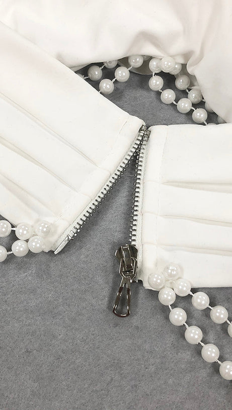 BELEN HIGHT SLIT PEARL HALTER MIDI DRESS IN WHITE