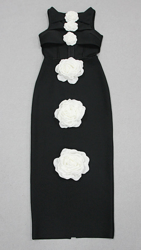 ABITO MIDI ADERENTE CON FIORI 3D IN NERO