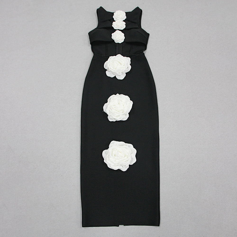 AIIZIE 3D FLOWER CUT OUT BODYCON MIDI DRESS IN BLACK - product image