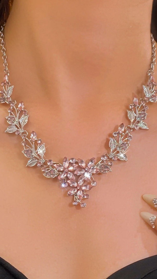AIIZIE Juelz Sparkling Pink Crystal Flower & Leaf Necklace & Earrings Set - product image