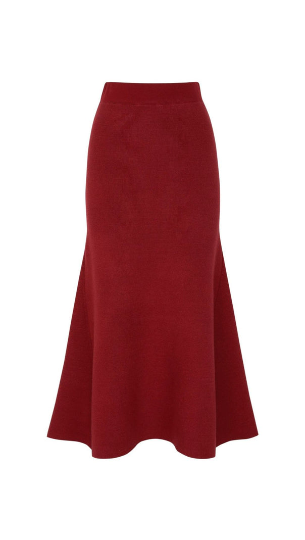 AIIZIE Elegant Wine Red Embellished Knit Cardigan & Midi Skirt Set - product image