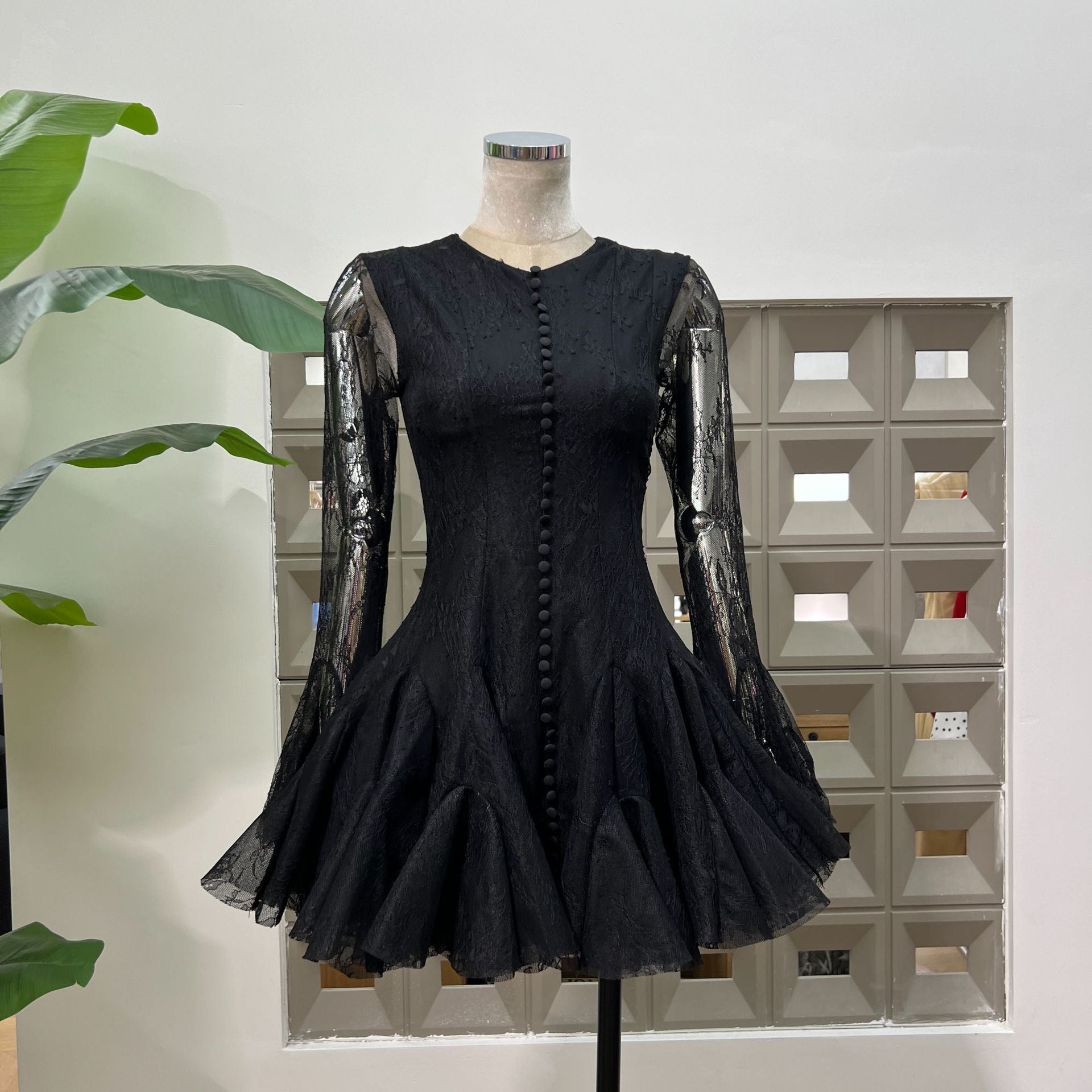 INA BLACK LACE MINI DRESS - ELEGANT LONG SLEEVE COCKTAIL DRESS