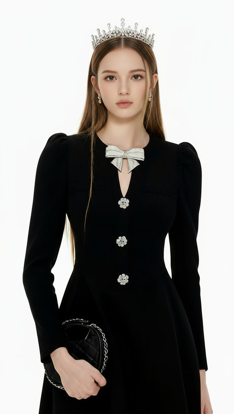 ITALIA CHIC BLACK BOW MINI DRESS - ELEGANT LONG SLEEVE STATEMENT