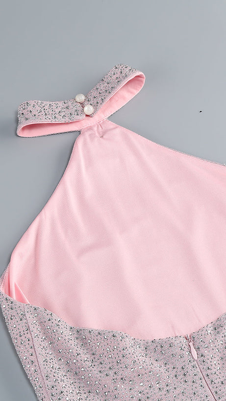 HALTER BACKLESS CRYSTAL EMBELLISHED MAXI DRESS IN PINK