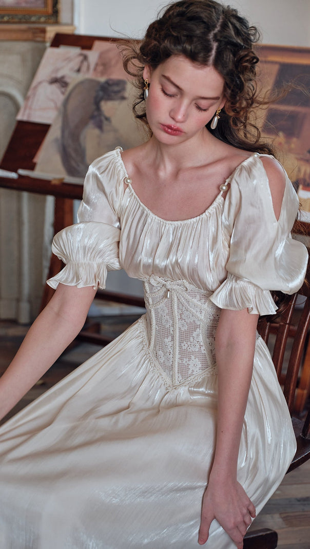 Square neck puff sleeve lace satin maxi dress - white