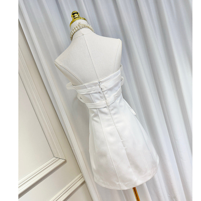 WHITE BOW EMBELLISHED STRAPLESS MINI DRESS
