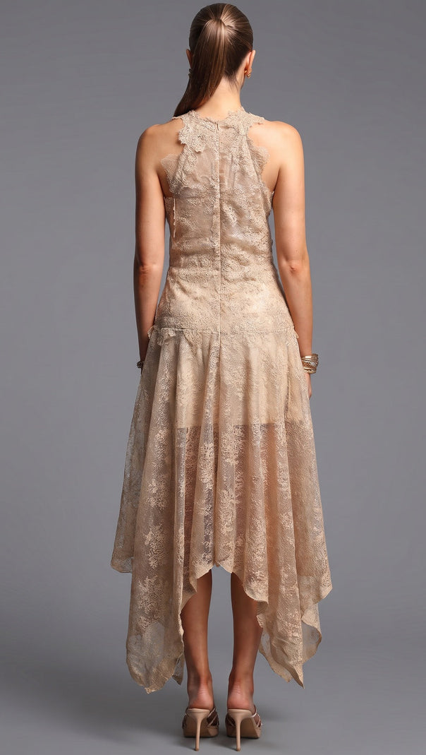 Beige Corded Floral Lace A-Line Midi Dress with Asymmetrical Hem
