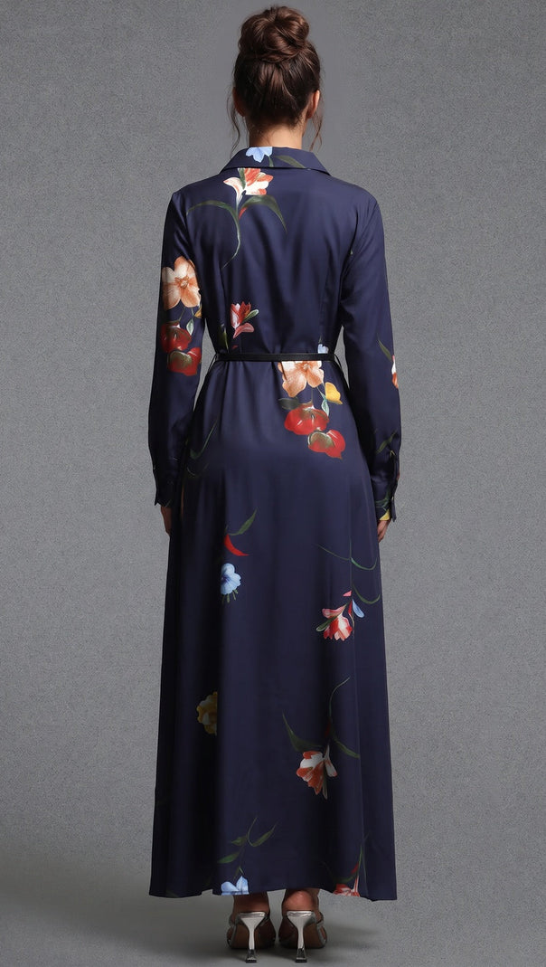 Navy Blue Floral Satin-Weave A-Line Shirt Dress