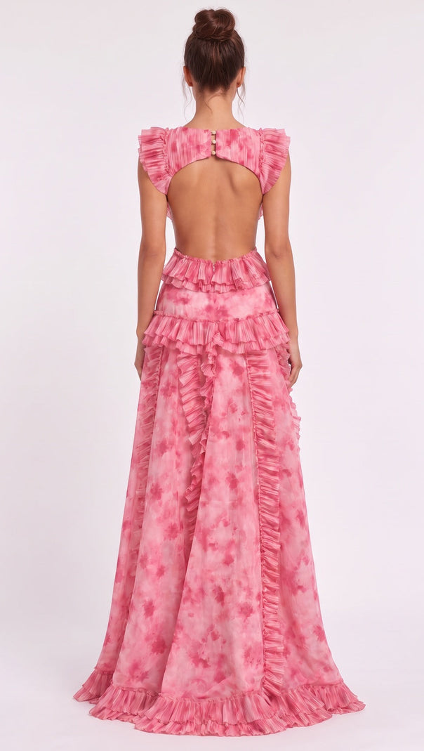 Pink Watercolor Chiffon A-Line Gown with Waist Cut-Outs