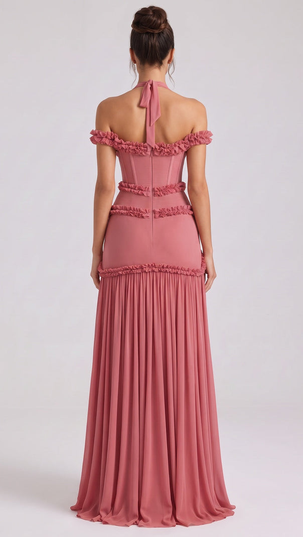 Dusty Rose Fitted Corset Gown with Tiered Ruffles and Halter Neck