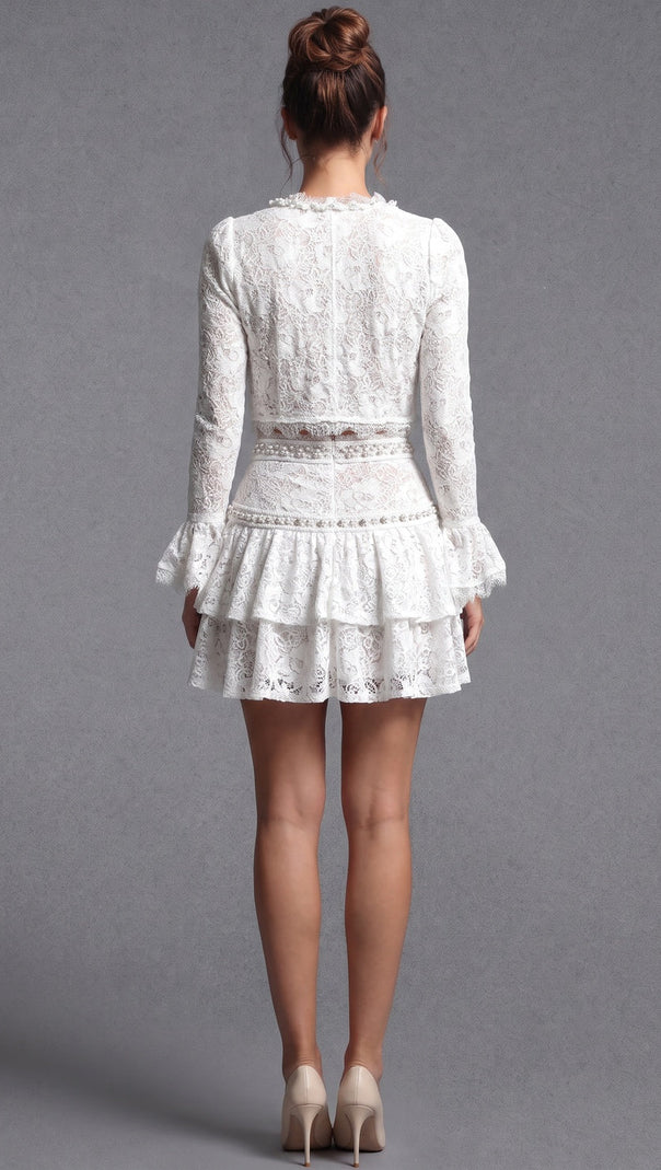 White Floral Corded Lace Fitted Cropped Jacket with Flared Mini Skirt Two-Piece Set