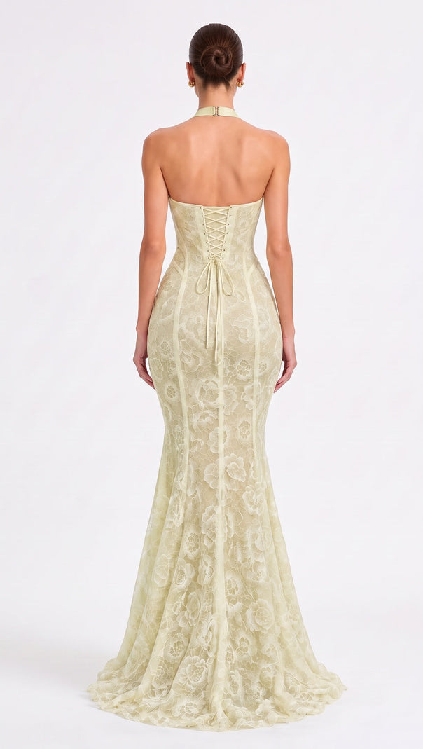 Pale Yellow Floral Lace Mermaid Gown