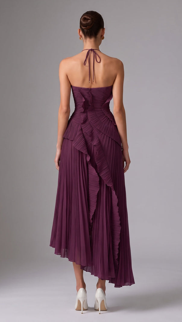 Deep Plum Asymmetrical Pleated Ruffle A-Line Dress