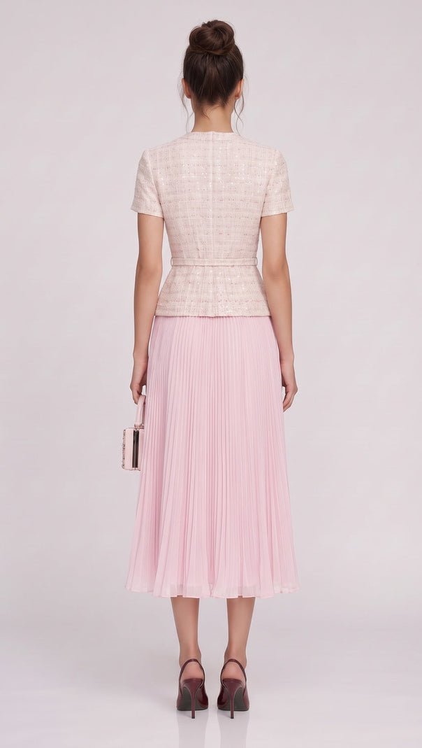 Pale Pink Tweed Fitted Bodice with Peplum and A-Line Skirt Two-Piece Set