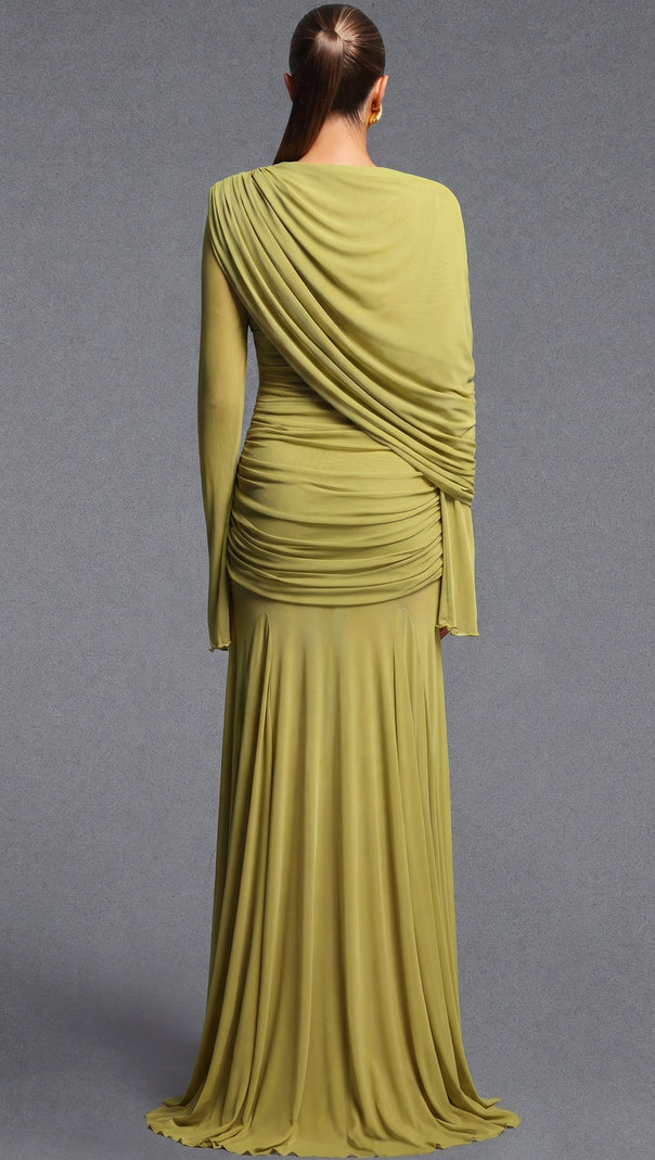 Chartreuse Ruched Mesh Gown
