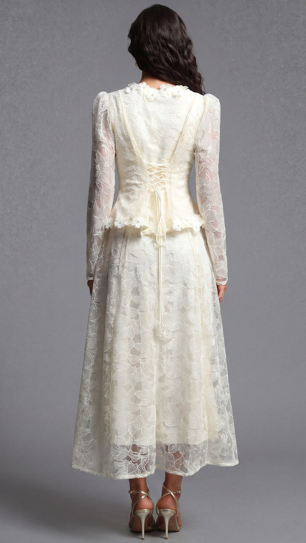 Cream Floral Lace Peplum Top & A-Line Midi Skirt Two-Piece Set