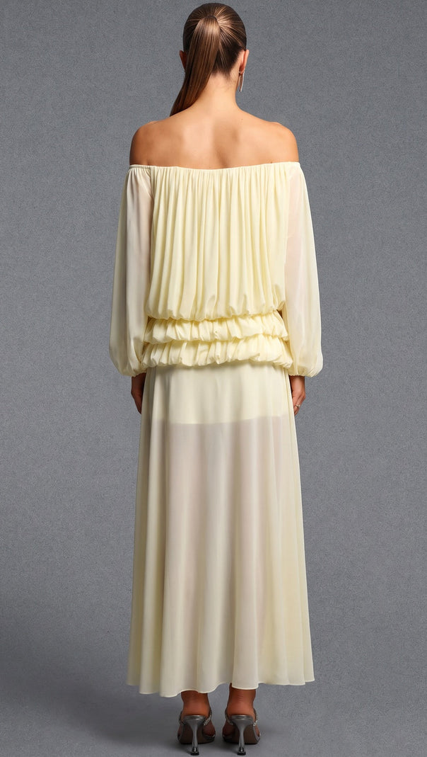 Pale Yellow Chiffon Off-The-Shoulder Blouson Two-Piece Set