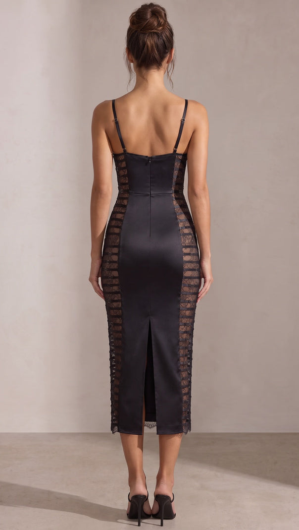Black Satin Sheath Dress with Lace Side Panels